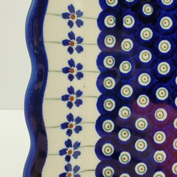 Polish Pottery Flowering Peacock Square Luncheon Plate Blue Floral Peacock Eyes - Picture 4 of 6